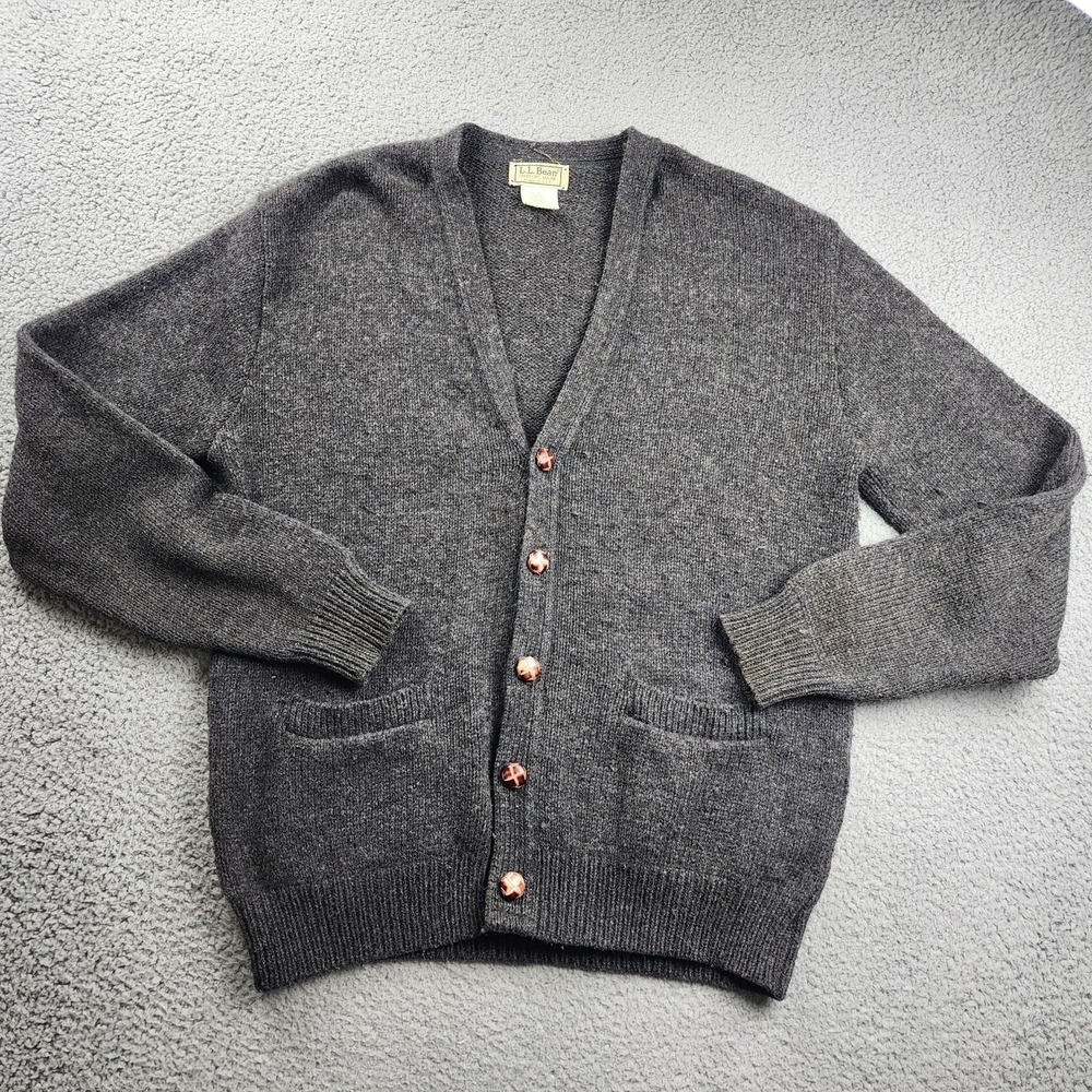 Vintage LL Bean Cardigan Sweater Mens Large Gray Knit Wool Fisherman Grandpa